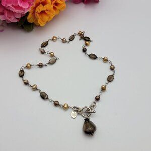 DG MEXICO 925 Sterling Silver Smoky Quartz And Golden Pearl Necklace 18"